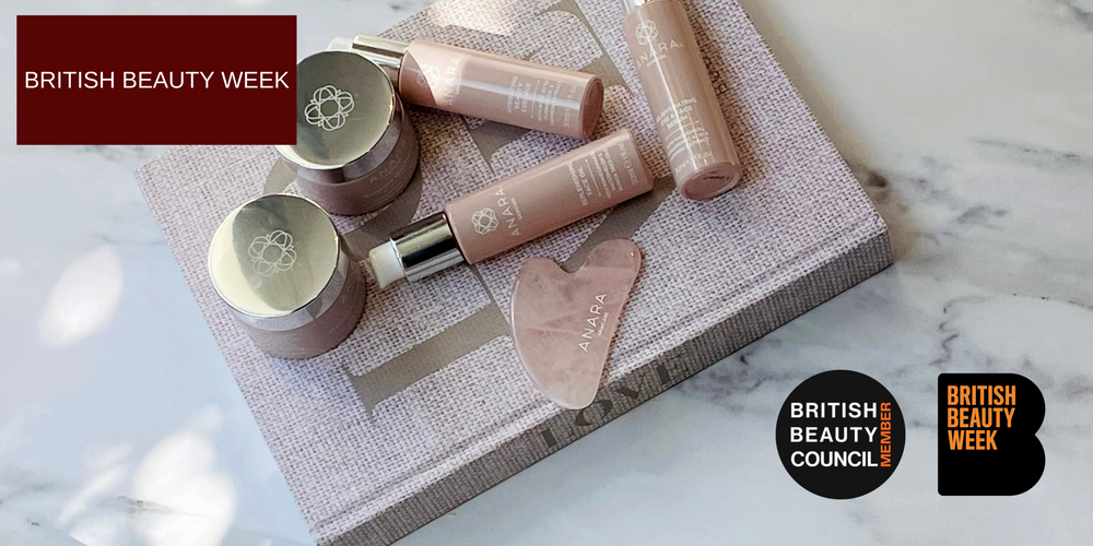 The Anara Skincare range on a Love book with the British Beauty Week and British Beauty Council logos