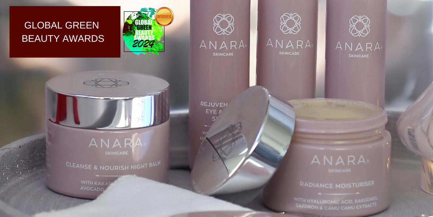 The Anara Skincare Range with the Global Green Beauty Awards Logo