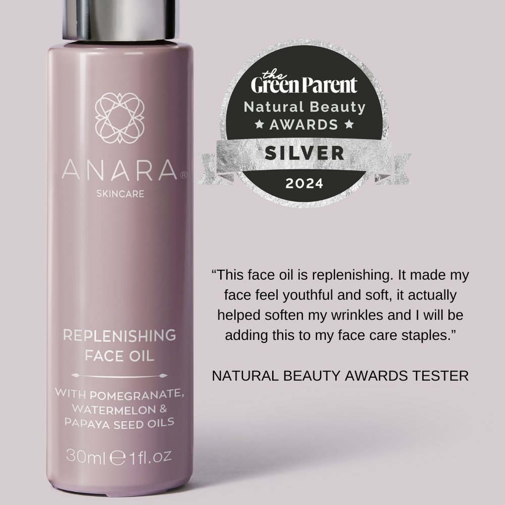 Anara Skincare Replenishing Face Oil with Green Parent Natural Beauty Silver Award 2024 and quote from tester