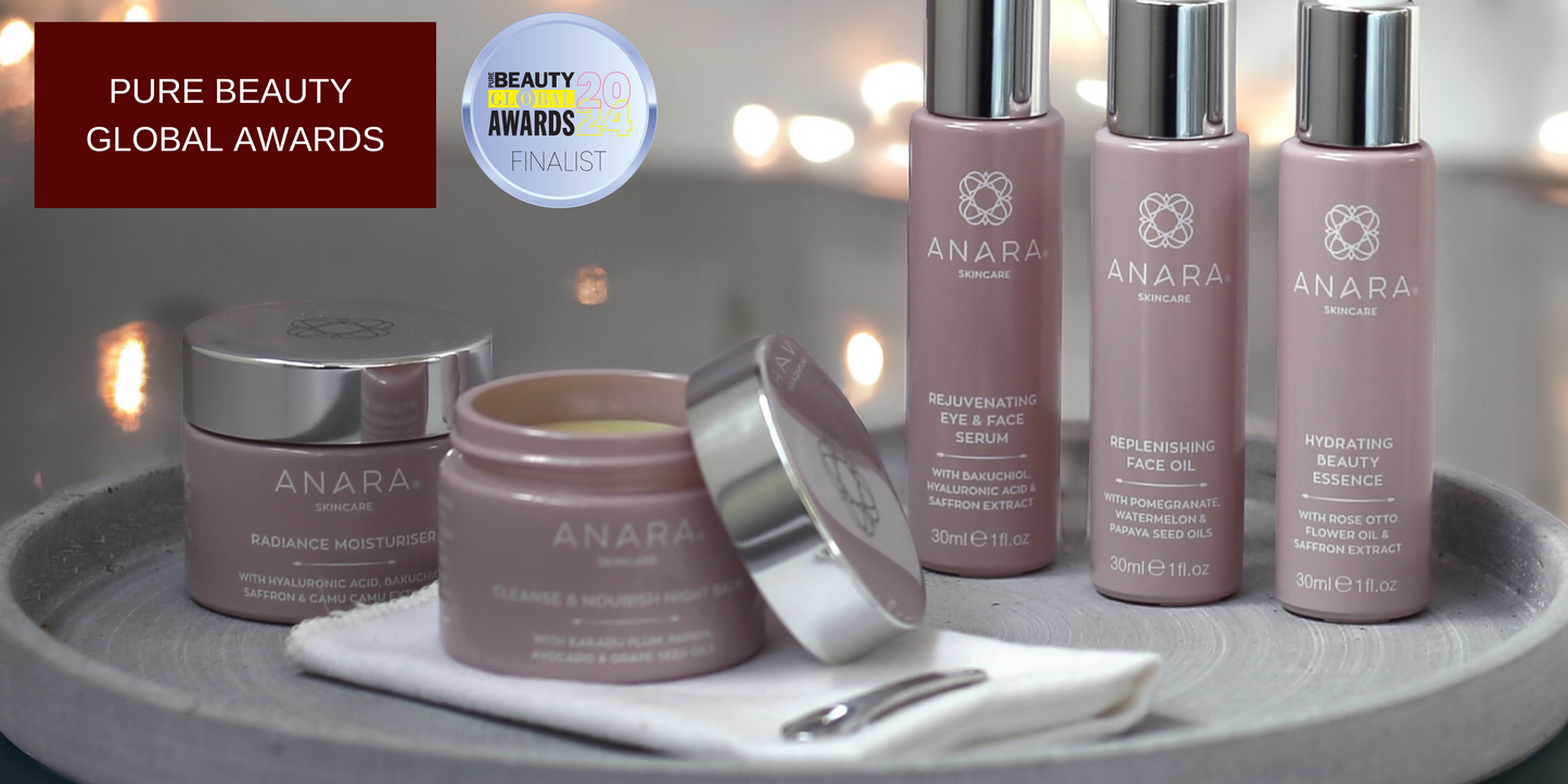 The Anara Skincare range outside surrounded by sunlight with the Pure Beauty Global Awards Finalist Logo.