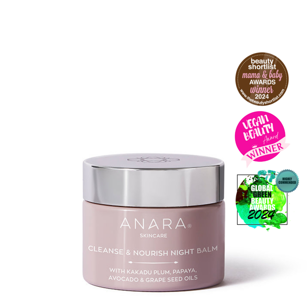 Anara Cleanse & Nourish Night Balm featuring the Mama & Baby Awards Winner and the Vegan Beauty Award Winner and Global Green Beauty Award logos