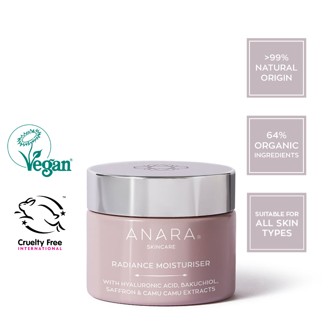 
                  
                    Anara Skincare Radiance Moisturiser with Vegan Society & Leaping Bunny Logos and product credentials
                  
                