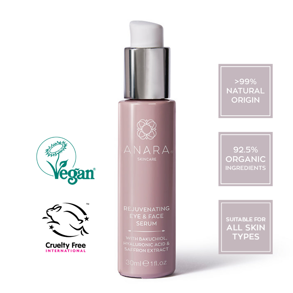 Anara Skincare Rejuvenating Eye & Face Serum with Vegan Society and Leaping Bunny Logos and product credentials