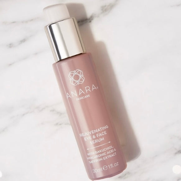 Anara Skincare Rejuvenating Eye & Face Serum on a white marble surface