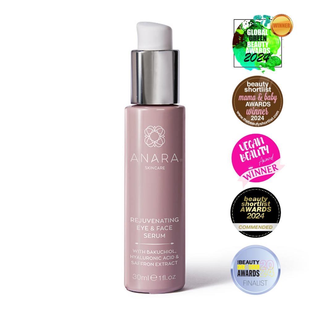 Anara Skincare Rejuvenating Eye & Face Serum with award winning logos from Global Green Beauty Awards, Beauty Shortlist Mama & Baby Awards, Vegan Beauty Awards, Beauty Shortlist Awards, Pure Beauty Global Awards