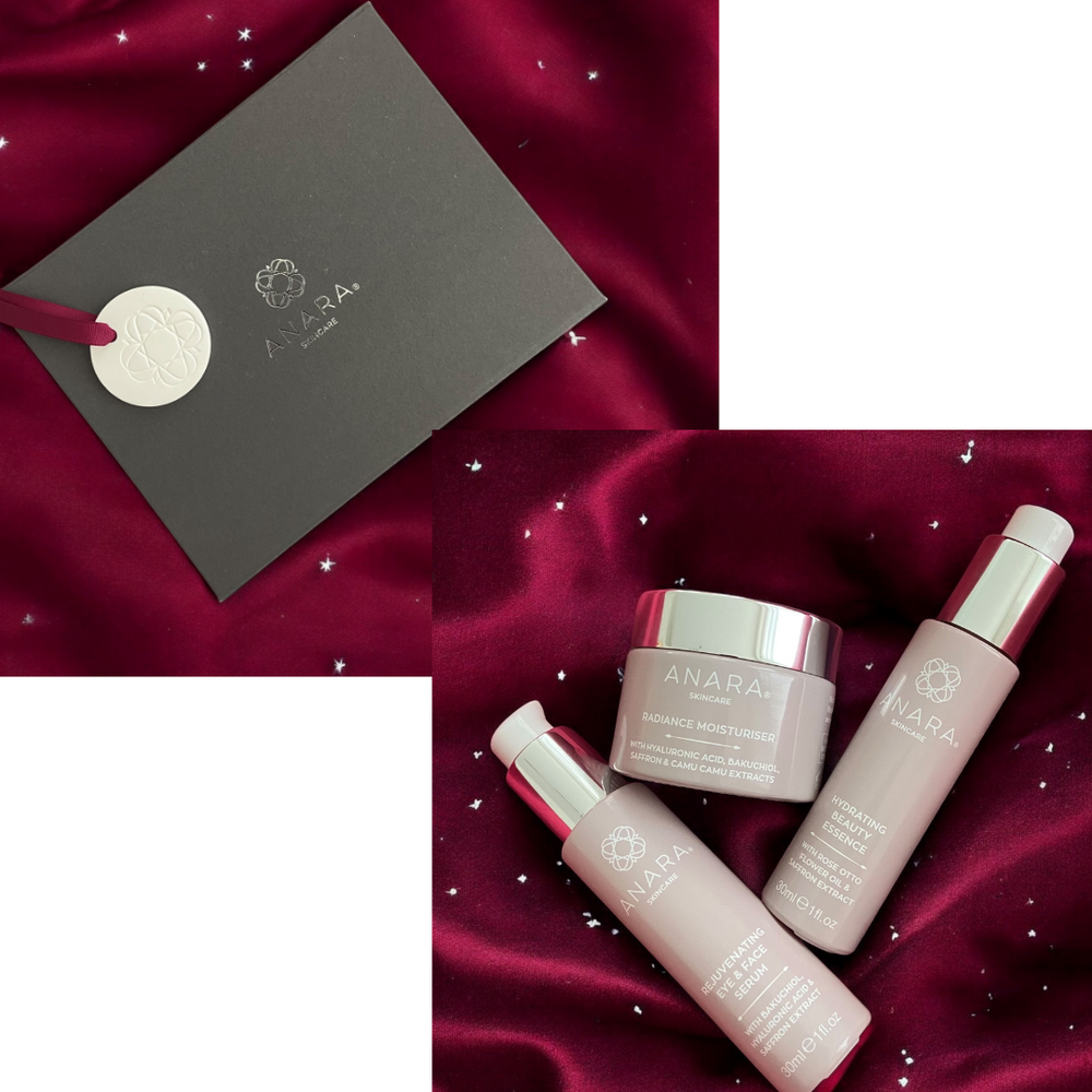 Anara Skincare Radiance Moisturiser, Hydrating Beauty Essence & Rejuvenating Eye & Face Serum with magnetic gift box and emblem keepsake on burgundy material with twinkling stars