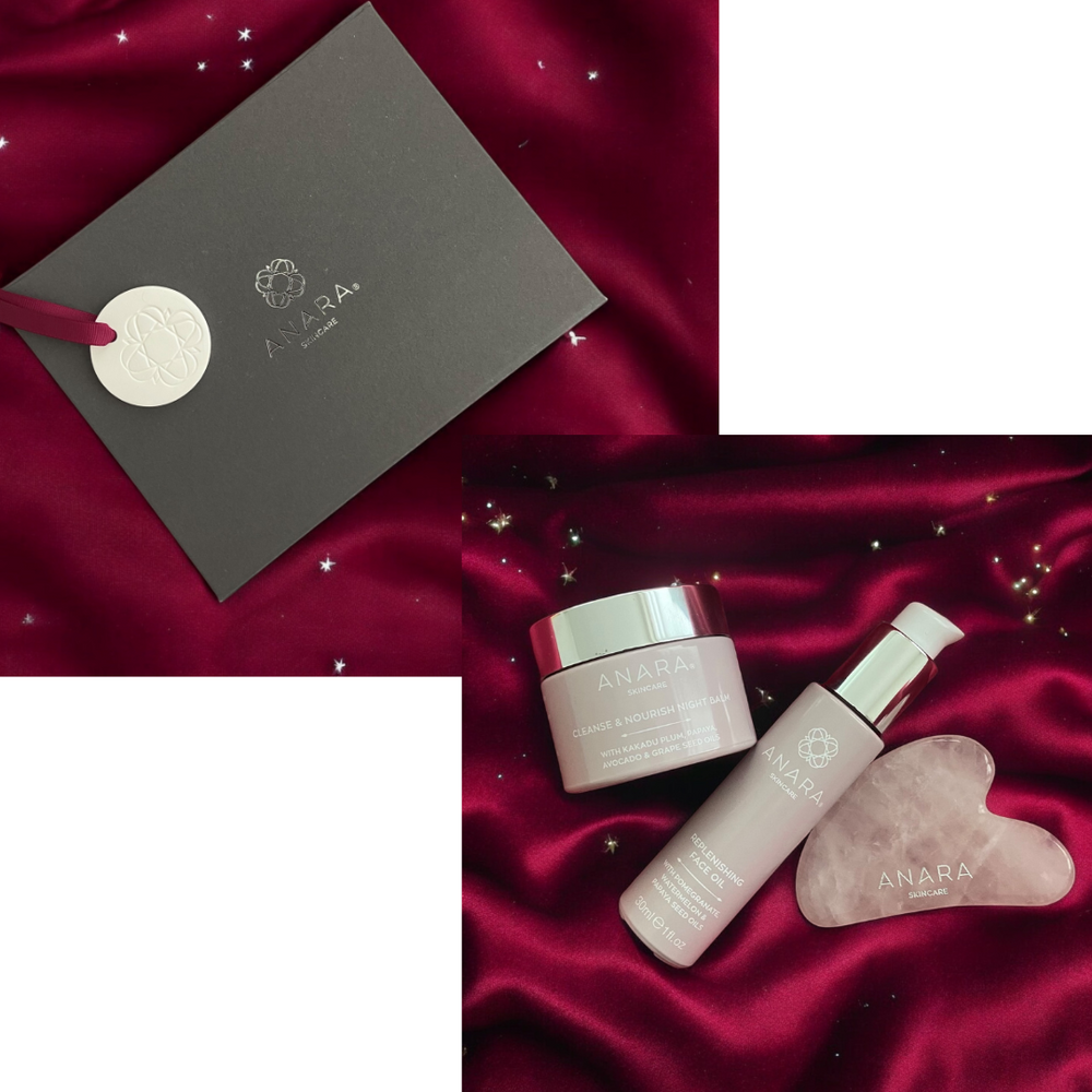 Anara Skincare Cleanse & Nourish Night Balm, Replenishing Face Oil & Rose Quartz Gua Sha with magnetic gift box and emblem keepsake on a Burgundy material with twinkling stars