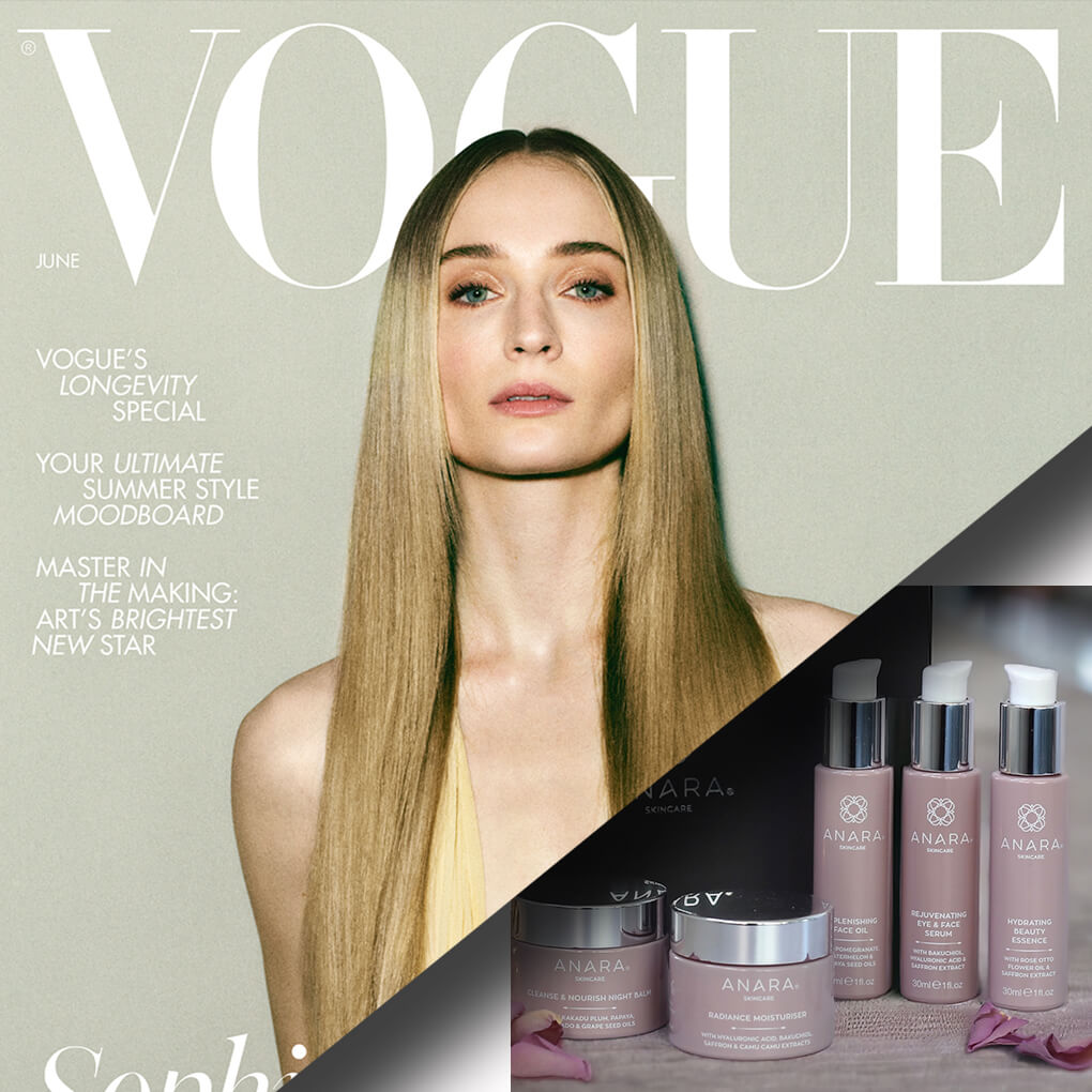 Vogue June 2024 from cover with Sophie Turner and inner page showing the Anara Skincare range 